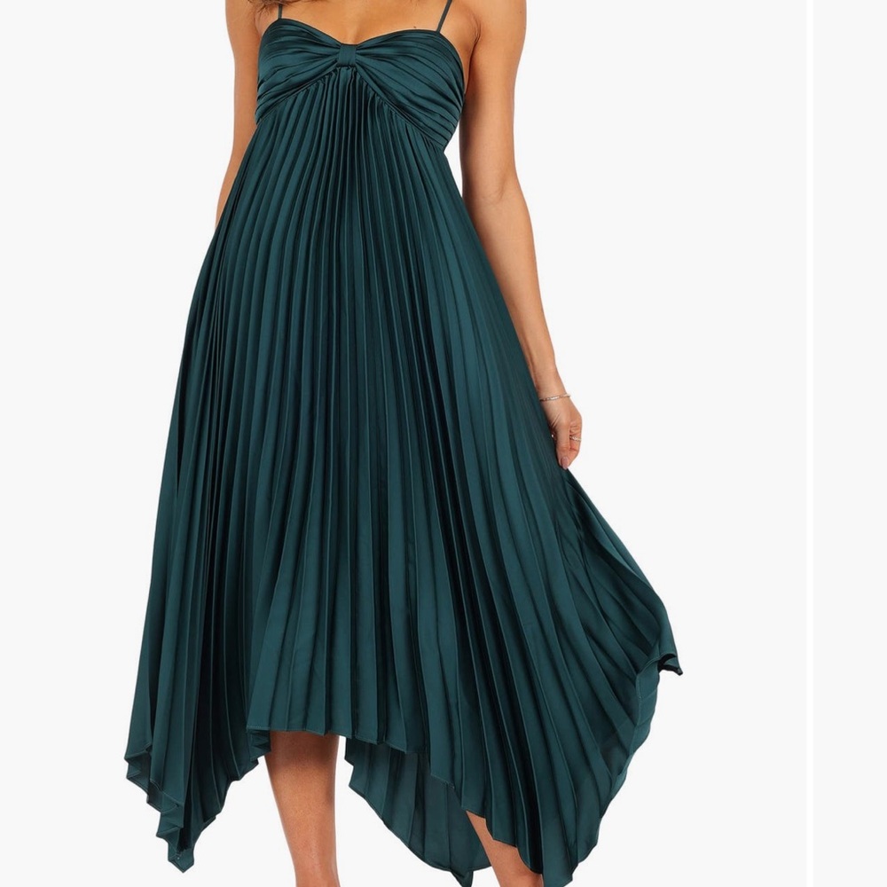 Pleated Spaghetti Strap Midi Dress in Teal